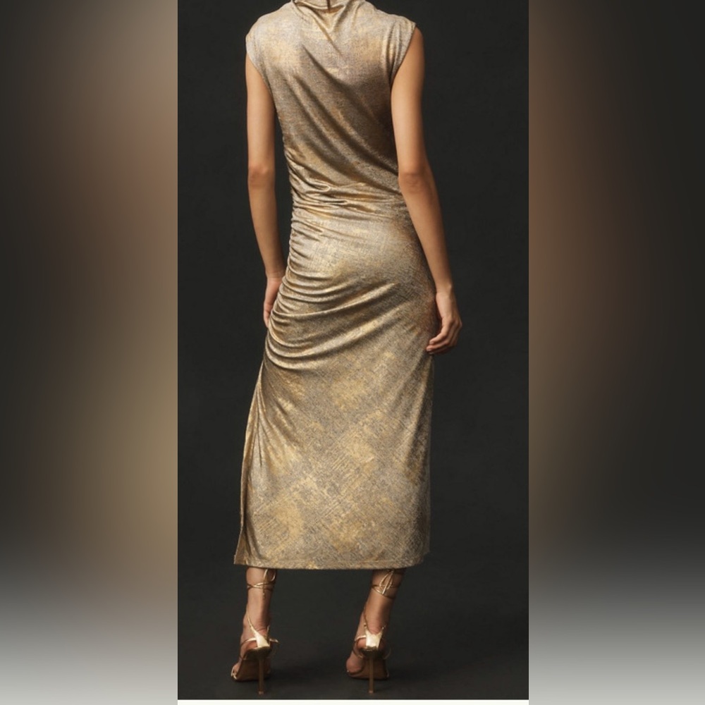 NWT Anthropologie Maya Gold Metallic Midi Dress with Side Slit - Picture 2 of 7